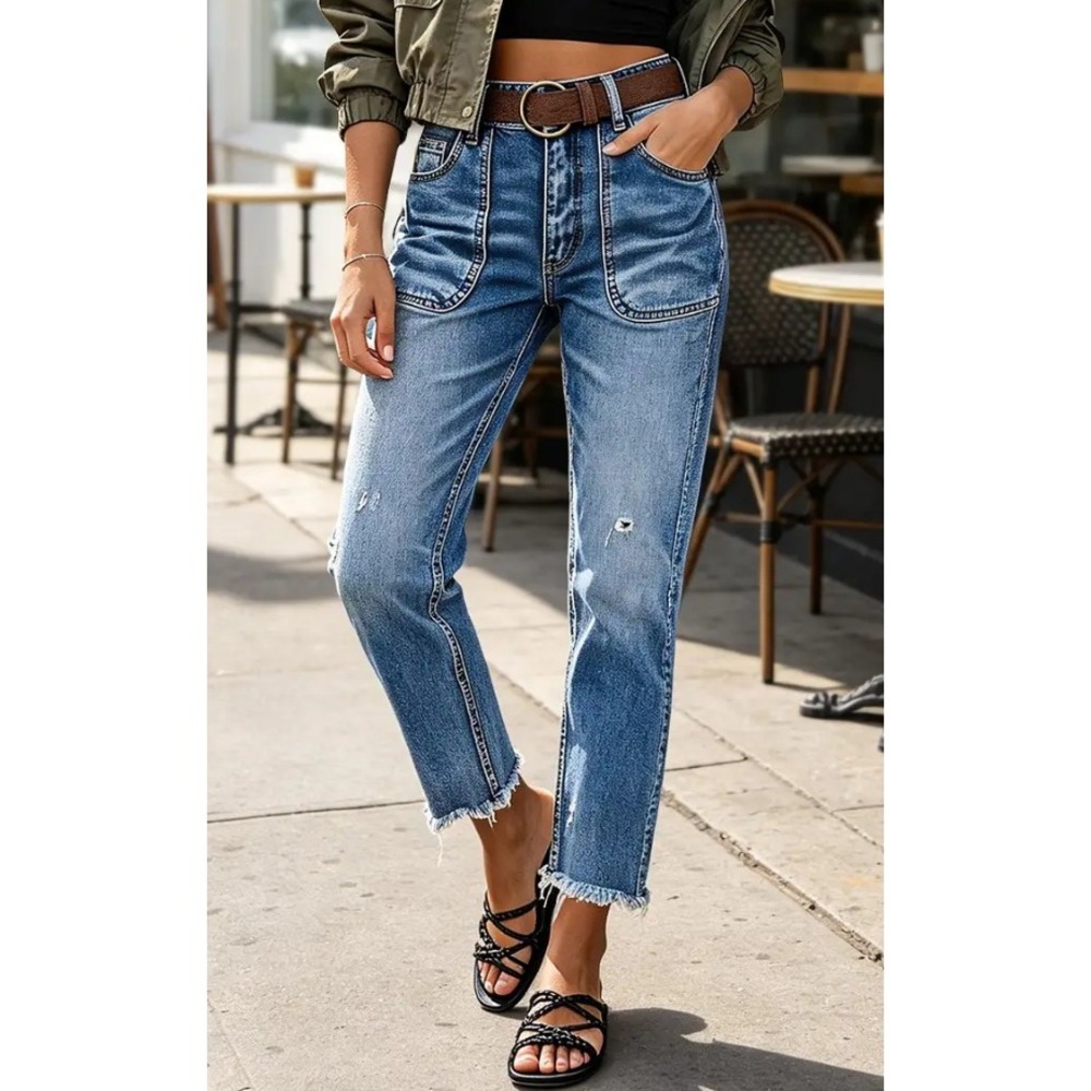 Flamingals XS Ripped Raw Hem High Rise Straight Leg Crop Jeans 273690 HYL